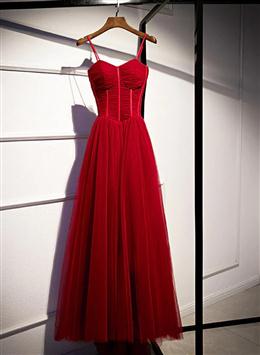 Picture of Pretty Wine Red Color Tulle Long Straps Party Dresses Formal Dresses, A-line Dark Red Color Formal Gown